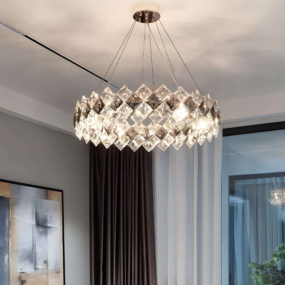 Modern luxury crystal room dining chandeliers enhancing a contemporary dining space with sparkling design.