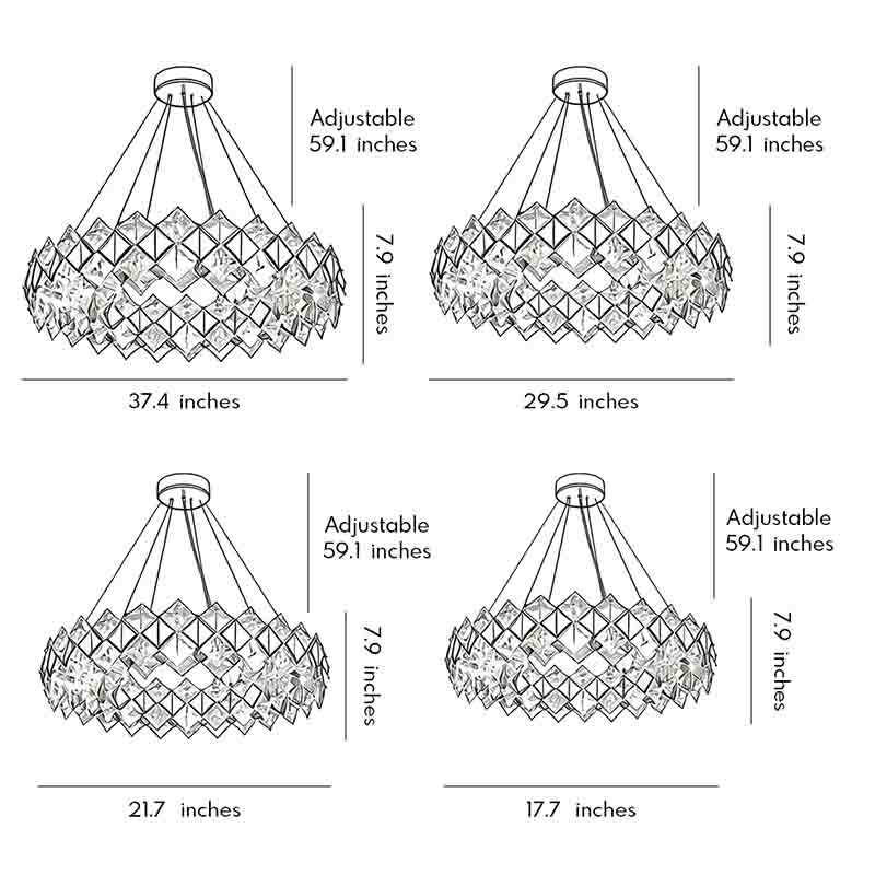 Modern luxury crystal room dining chandeliers dimensions, front view with size specifications.