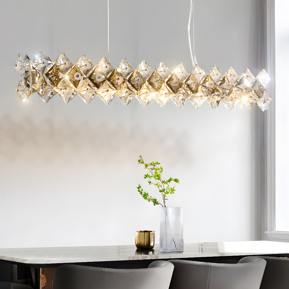 Modern luxury crystal room dining chandeliers casting a gentle glow in a chic dining room.