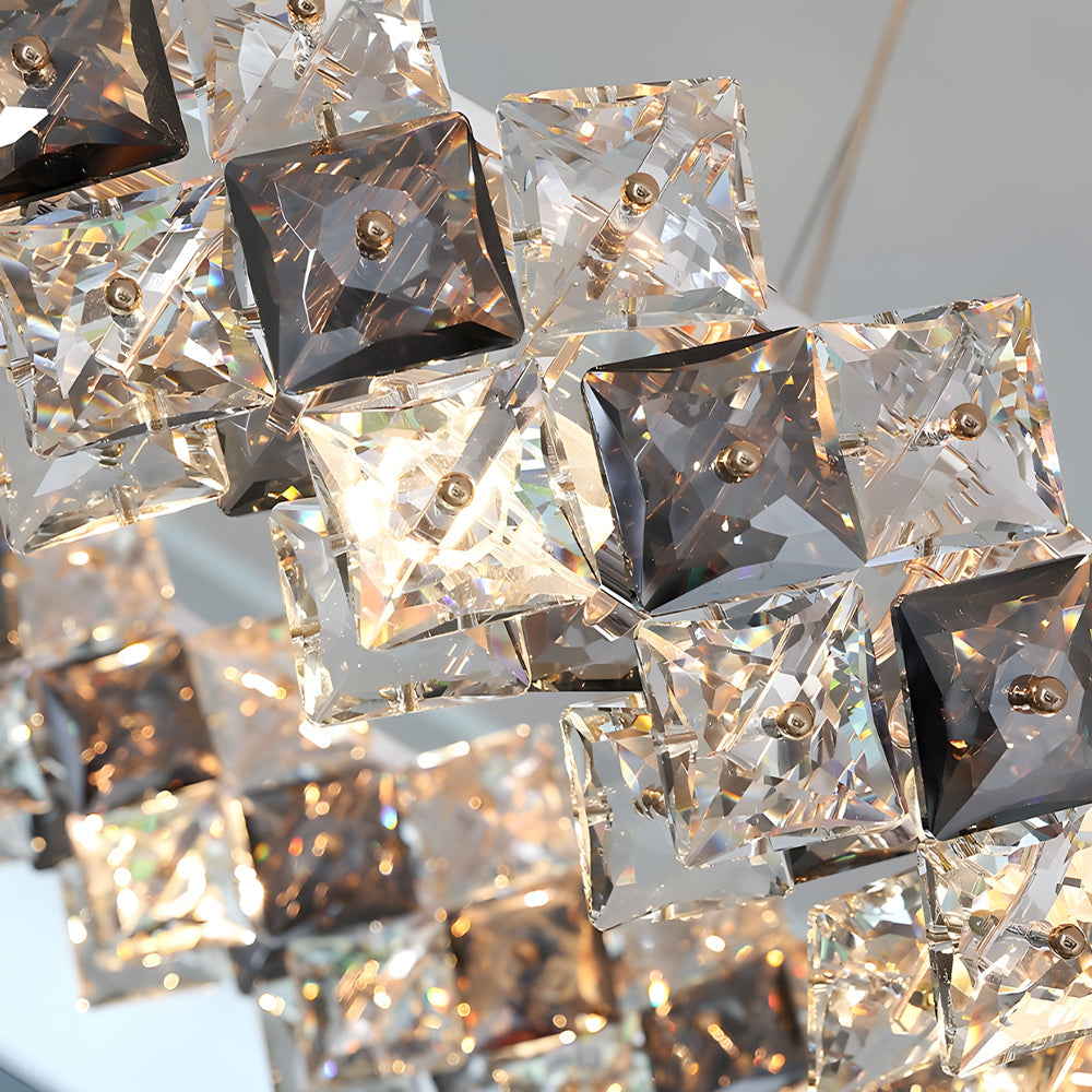 Modern luxury crystal room dining chandeliers in gold, front view of the opulent design.