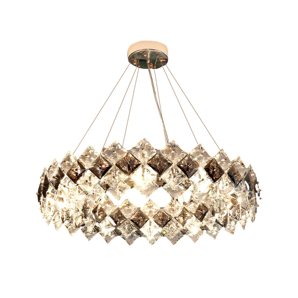 Modern luxury crystal room dining chandeliers in gold, side view of the geometric design.