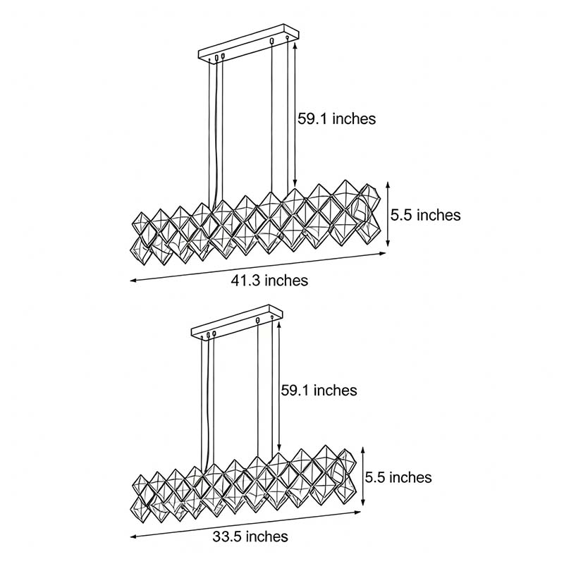 Line drawing of modern luxury crystal room dining chandeliers dimensions, providing installation specifications.