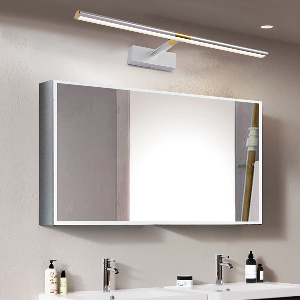 Modern mirror lighting solution for a master bathroom vanity.