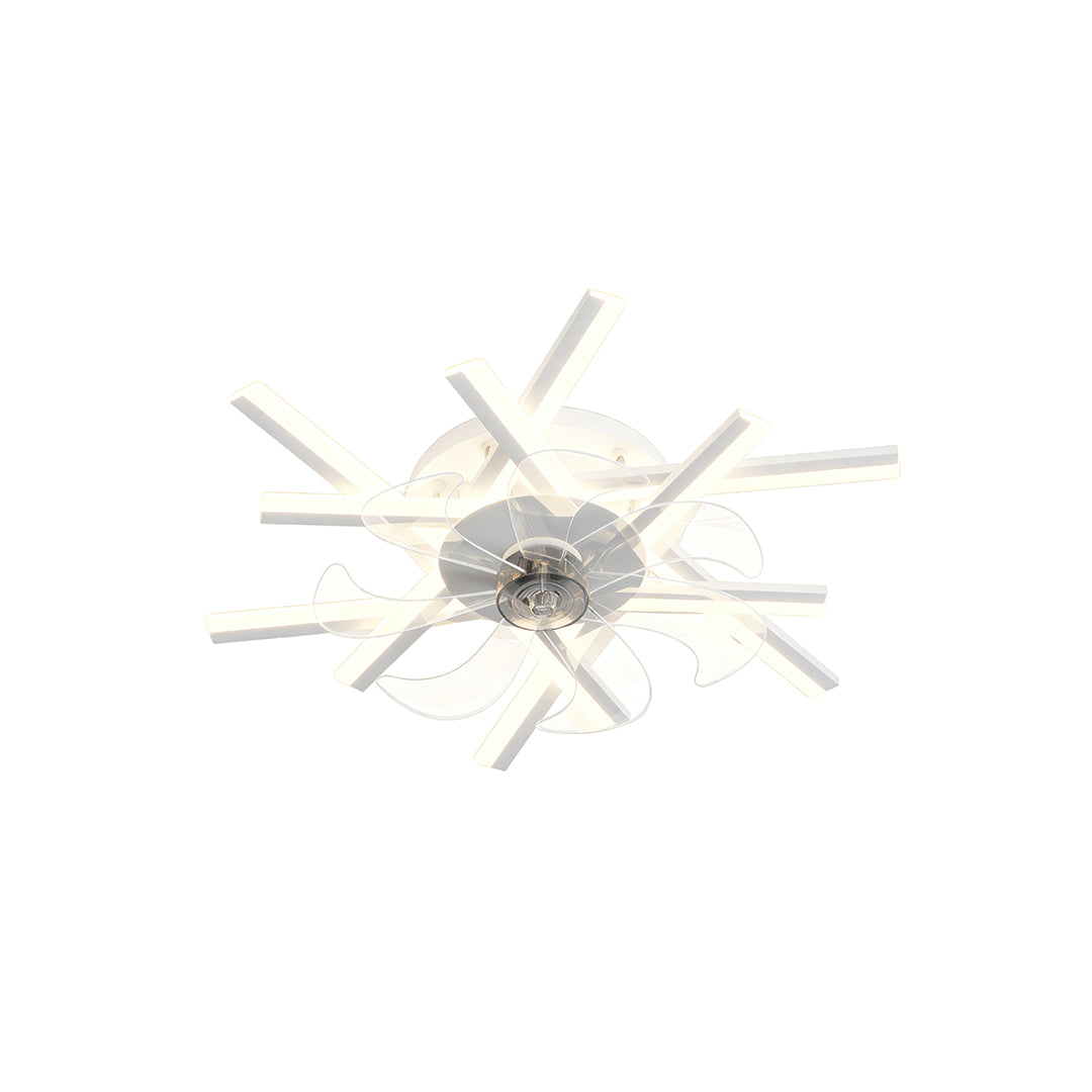 Modern metal ceiling fan with light featuring white finish and sunburst blade design