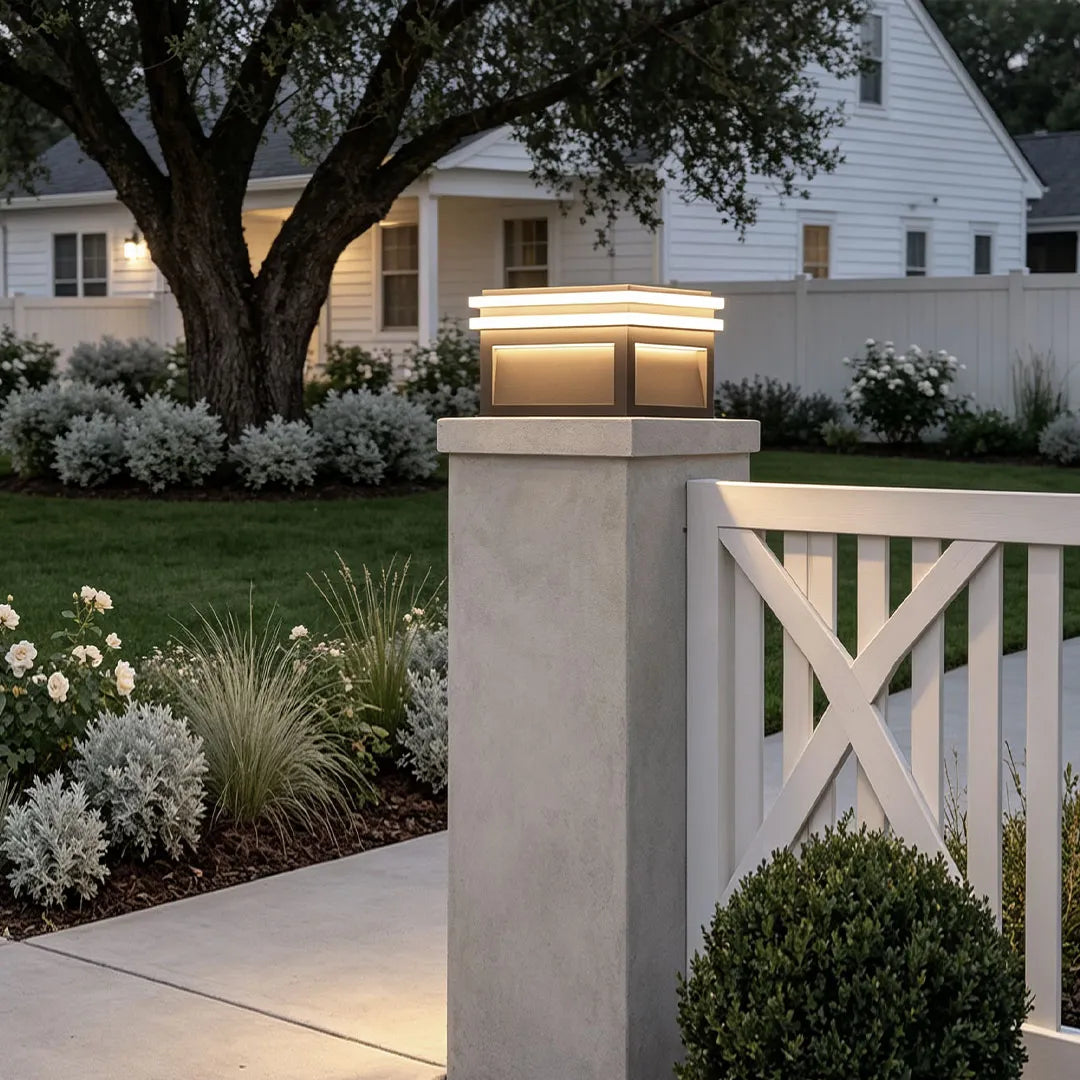 Modern metal pillar light placed on a tall white fence post in a landscaped front yard.