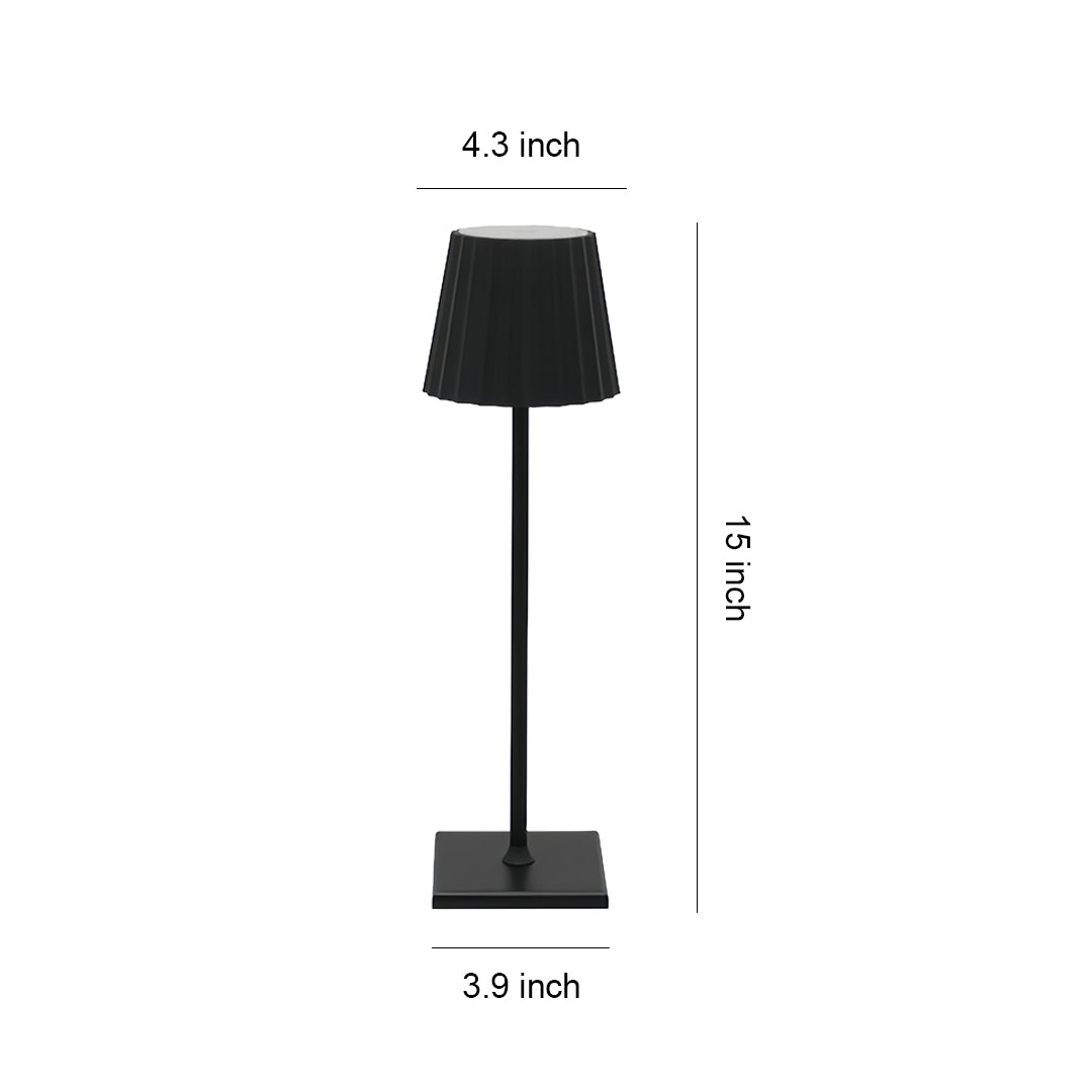 Technical specification drawing of modern metal table lamp with pleated black shade and sleek base design