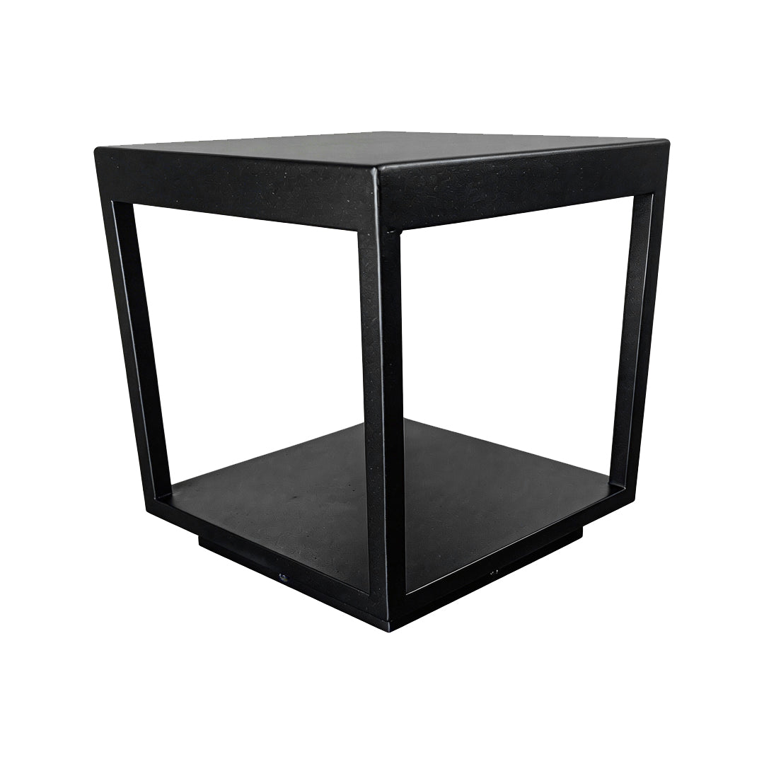 Modern minimalist black concrete pillar lights with a square open frame on white backgrounds.