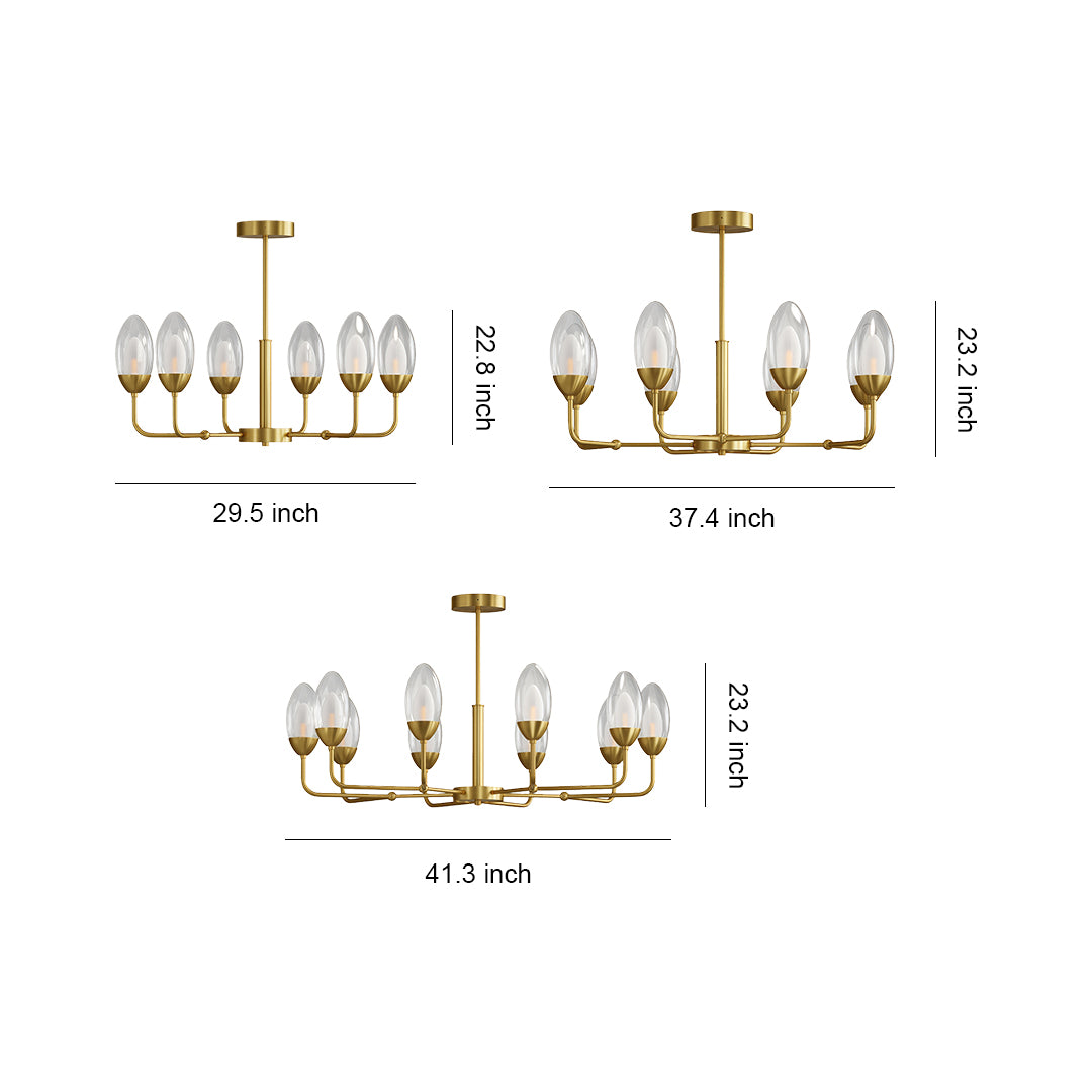Modern minimalist chandelier with glass shade chandelier design showing multiple size configurations including 6-light and 4-light arrangements.