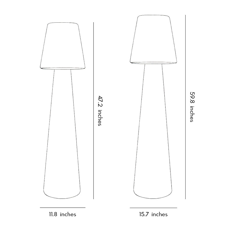 Modern minimalist floor lamp dimension drawing displaying multiple size options for outdoor spaces.