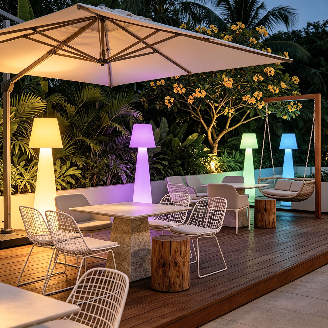 Modern minimalist floor lamp used for ambient lighting on a contemporary outdoor patio deck.