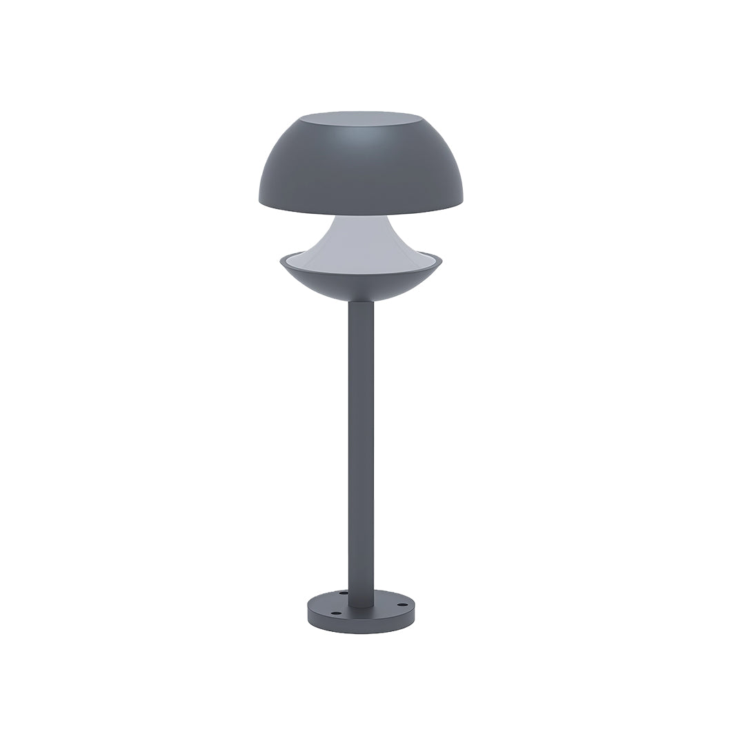 Modern mushroom path light featuring dome top and circular diffuser on grey pedestal base.