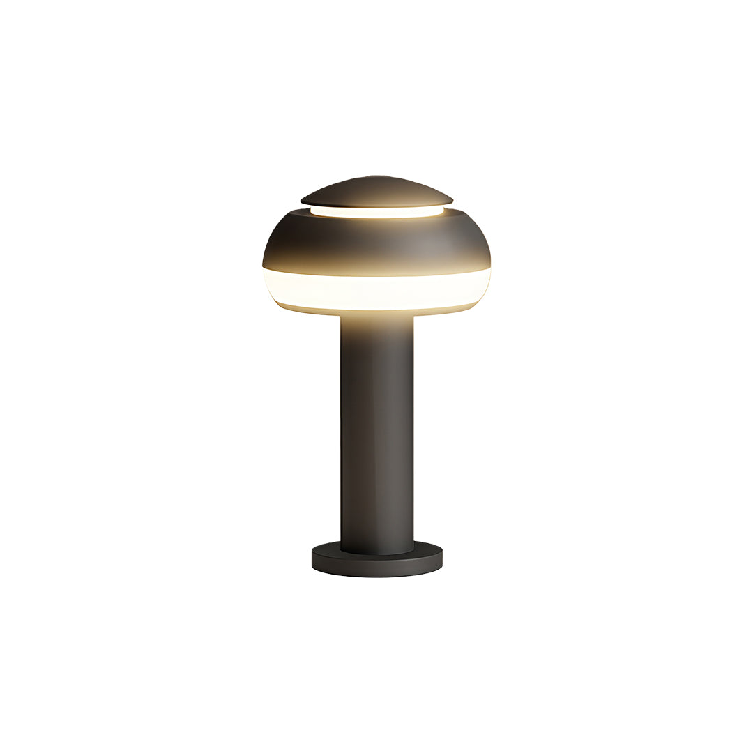 Modern mushroom path light with a sleek metallic dome and black base, perfect for garden pathways.