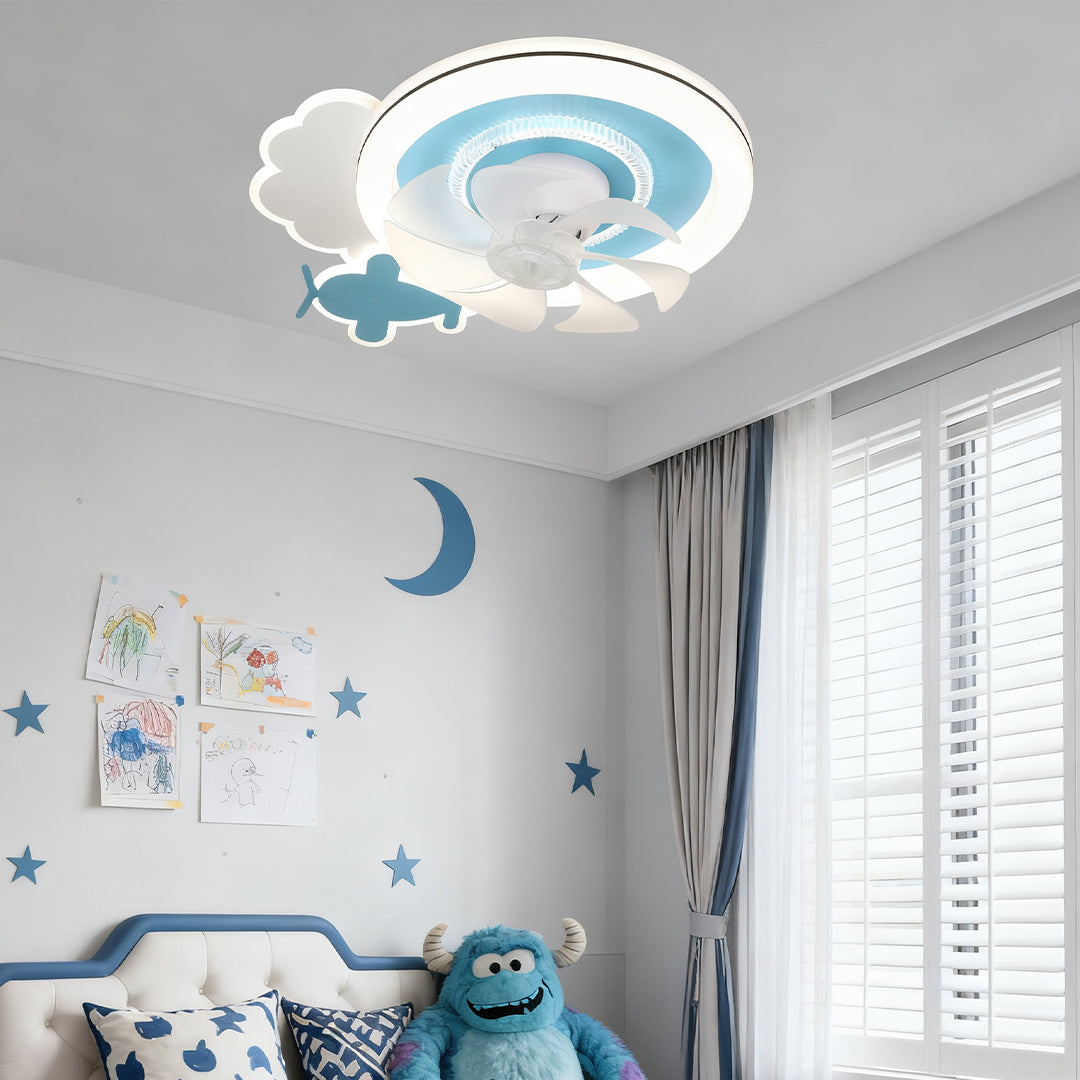Modern nursery featuring a children's ceiling fans with lights designed as a blue cloud and airplane above a star-themed bed. 