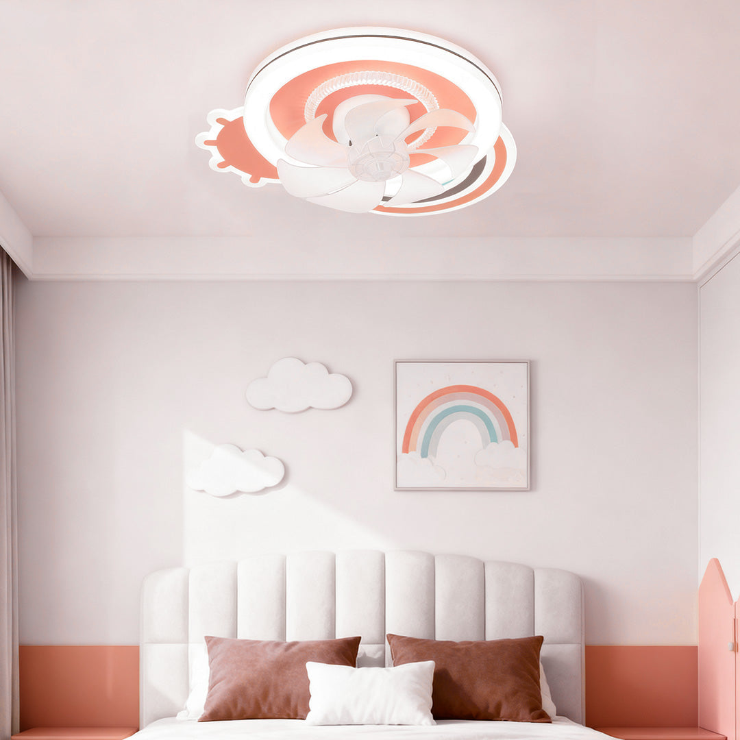 Modern nursery with a rainbow-themed pink and white beautiful ceiling fans with lights above a plush bed and pink accent wall. 