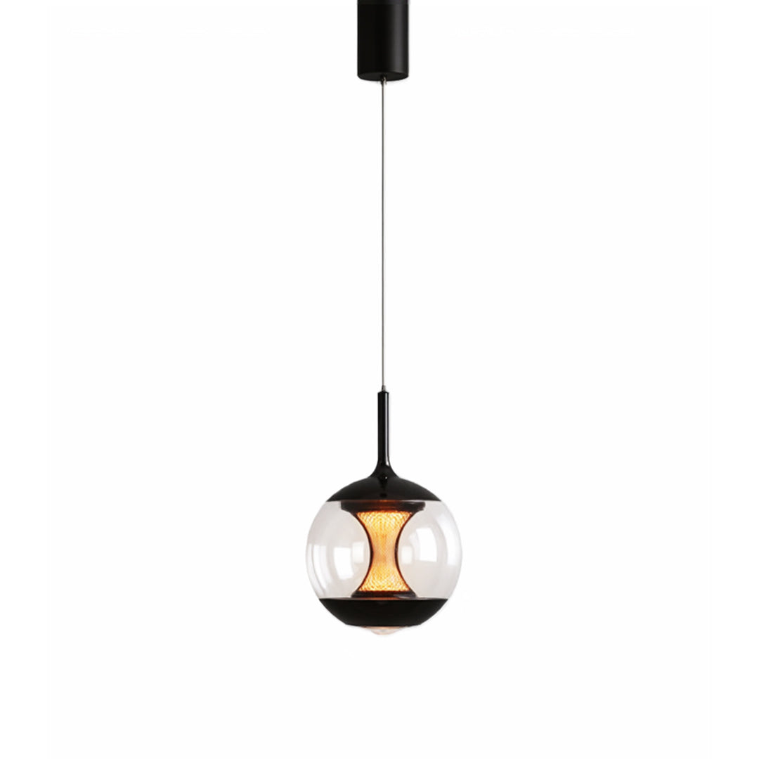 Modern orb pendant light featuring clear glass globe with decorative mesh center and matte black hardware