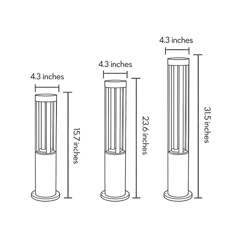Line drawing of modern outdoor bollard lights dimensions, providing installation specifications.