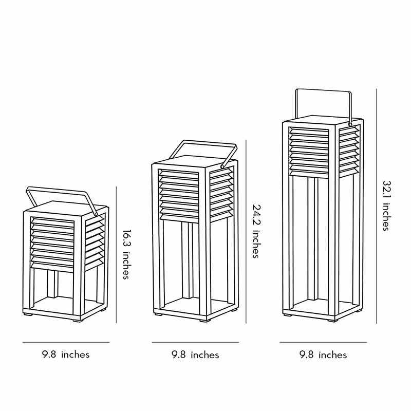 Modern outdoor floor lantern dimension drawing with height and width measurements.