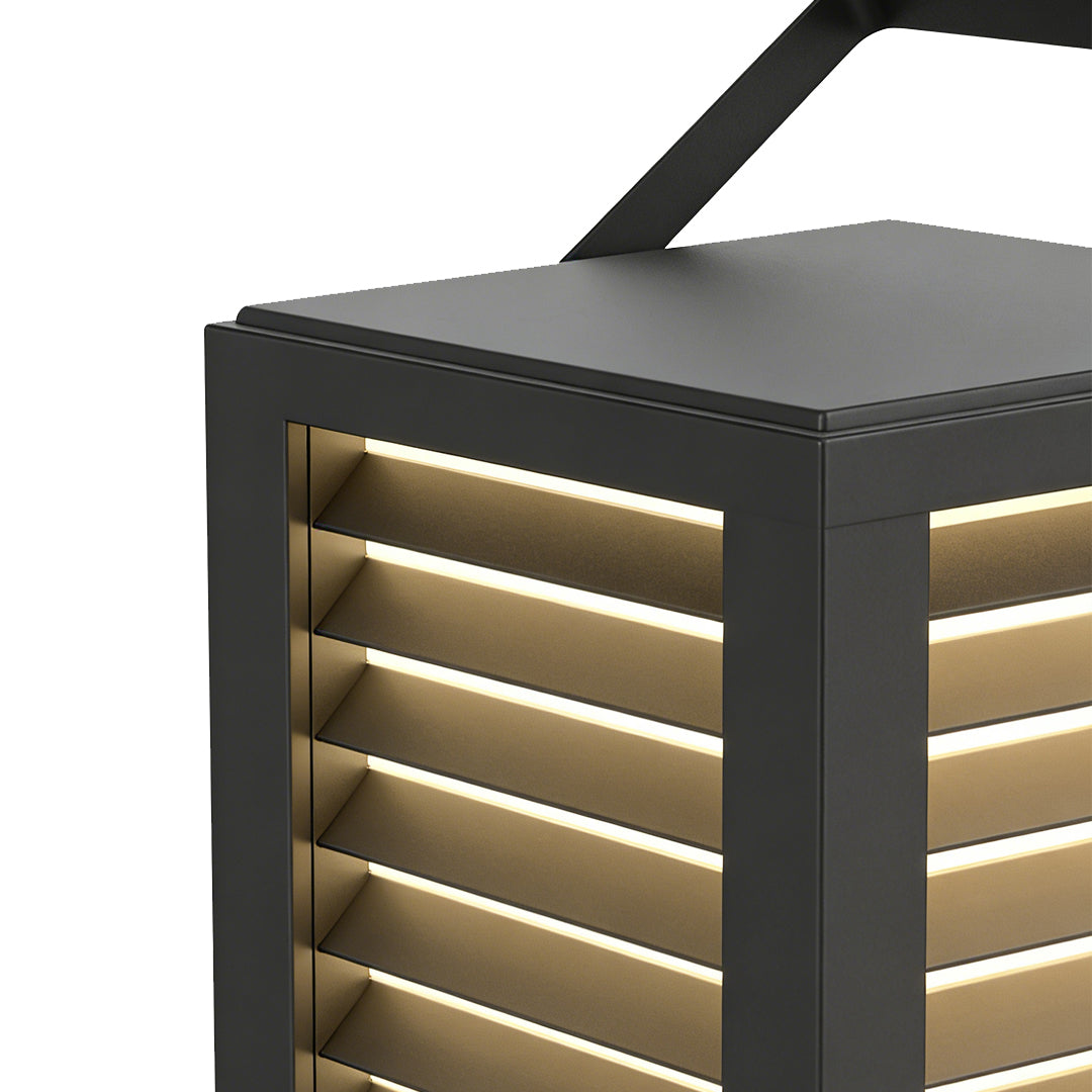Modern outdoor floor lantern close-up showing layered slatted light design.