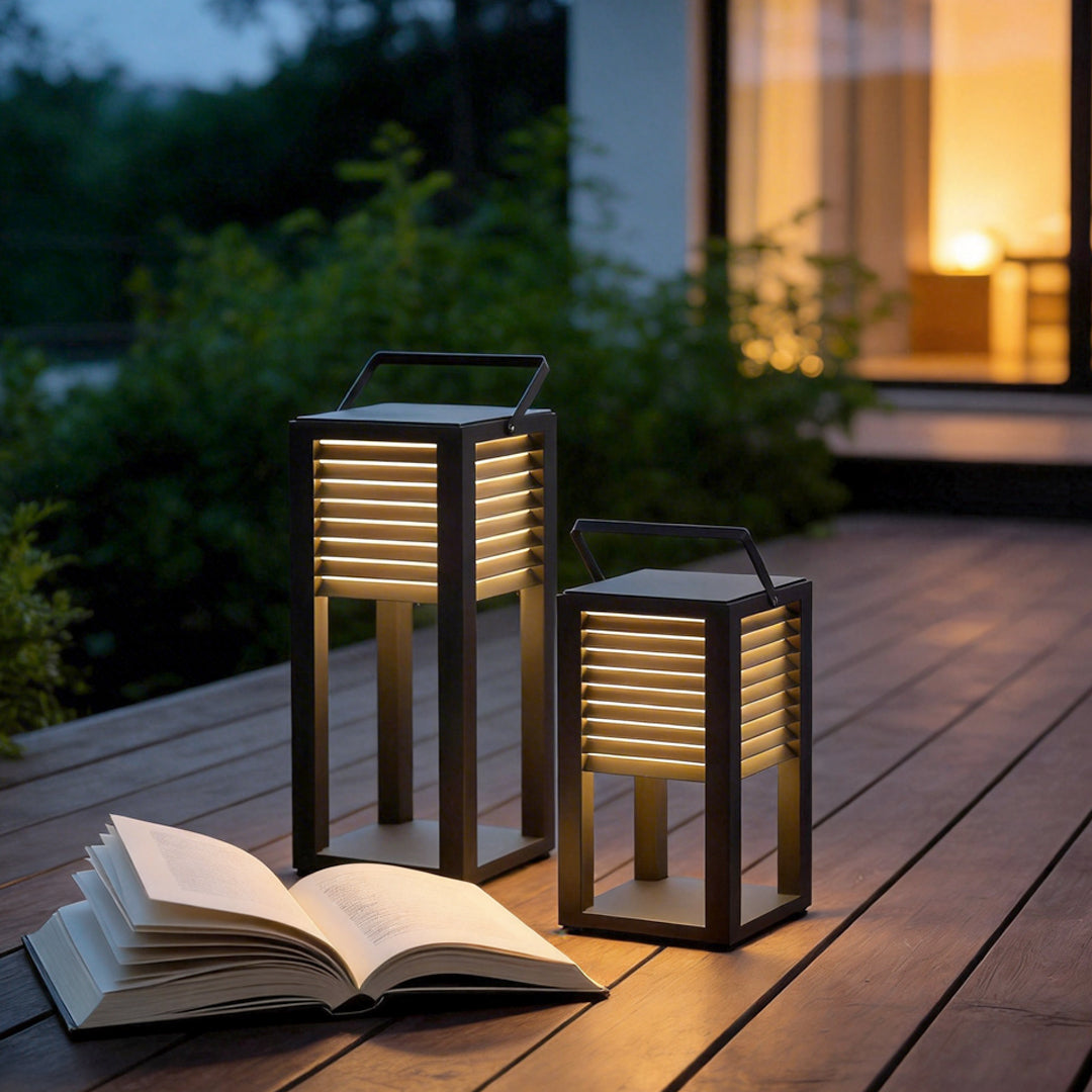 Modern outdoor floor lantern on wooden deck creating a cozy evening atmosphere.