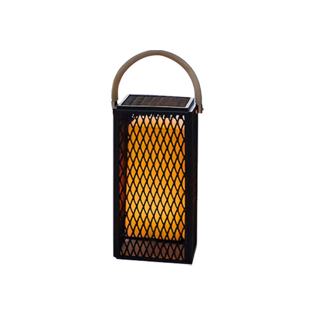 Compact modern outdoor lantern featuring a mesh pattern and curved handle for easy carrying.