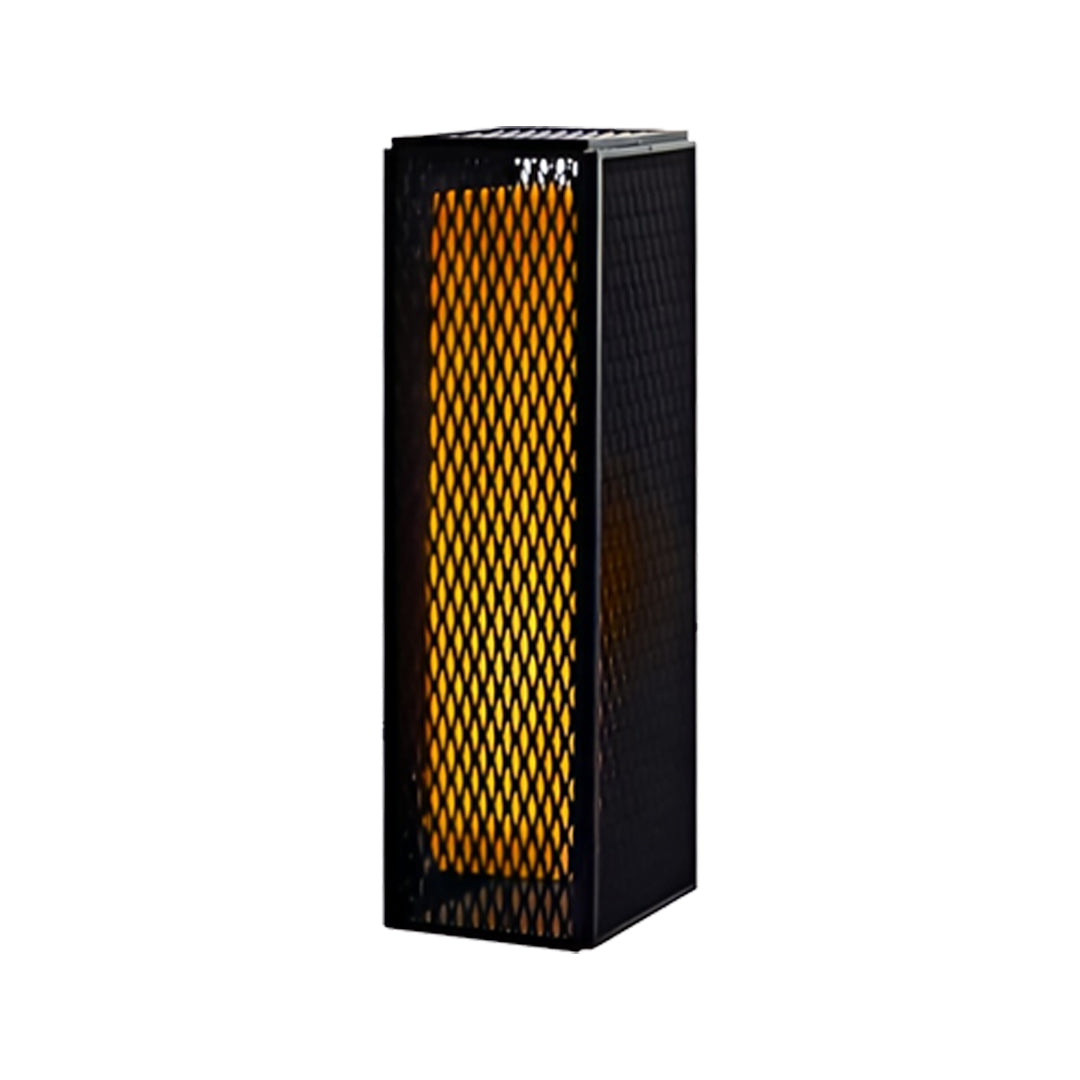 Tall rectangular modern outdoor lantern with black metal frame and illuminated mesh interior.