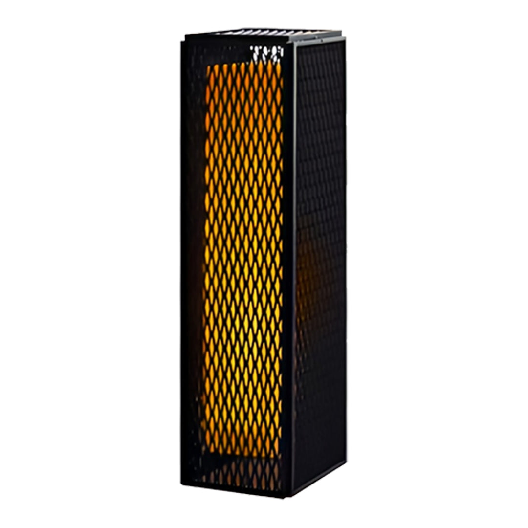 Twin tall modern outdoor lanterns with geometric mesh bodies and warm decorative light.