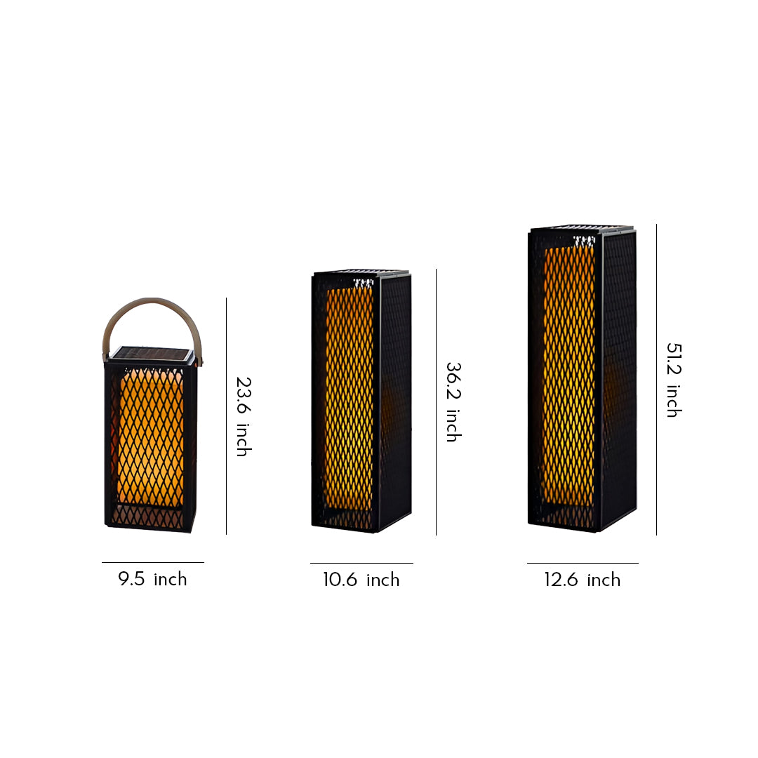 Mixed-size modern outdoor lantern set with geometric mesh design and warm ambient glow.