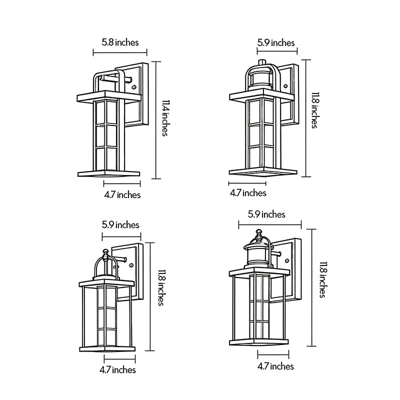 Modern outdoor lantern wall sconce dimension drawing showing multiple size options and fixture measurements.