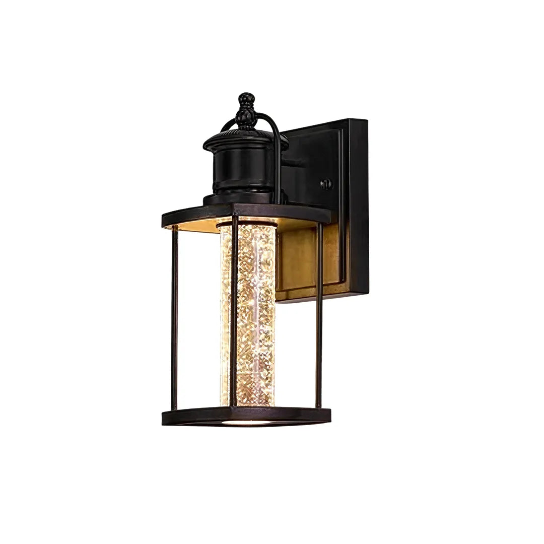 Modern outdoor lantern wall sconce product image with a traditional lantern top and seeded glass insert.