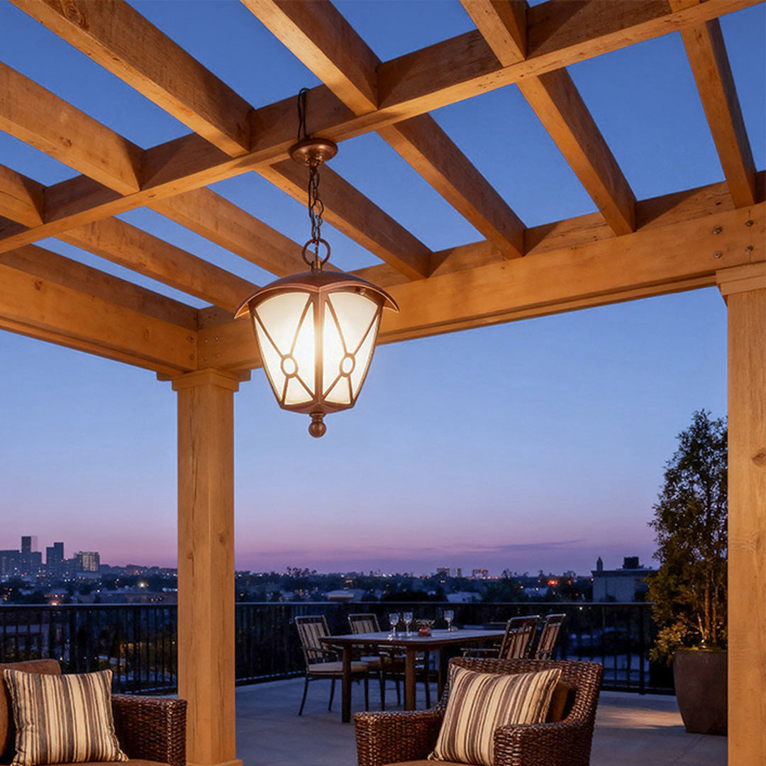 Modern outdoor LED pendant light brightening timber pergola structure against twilight sky backdrop