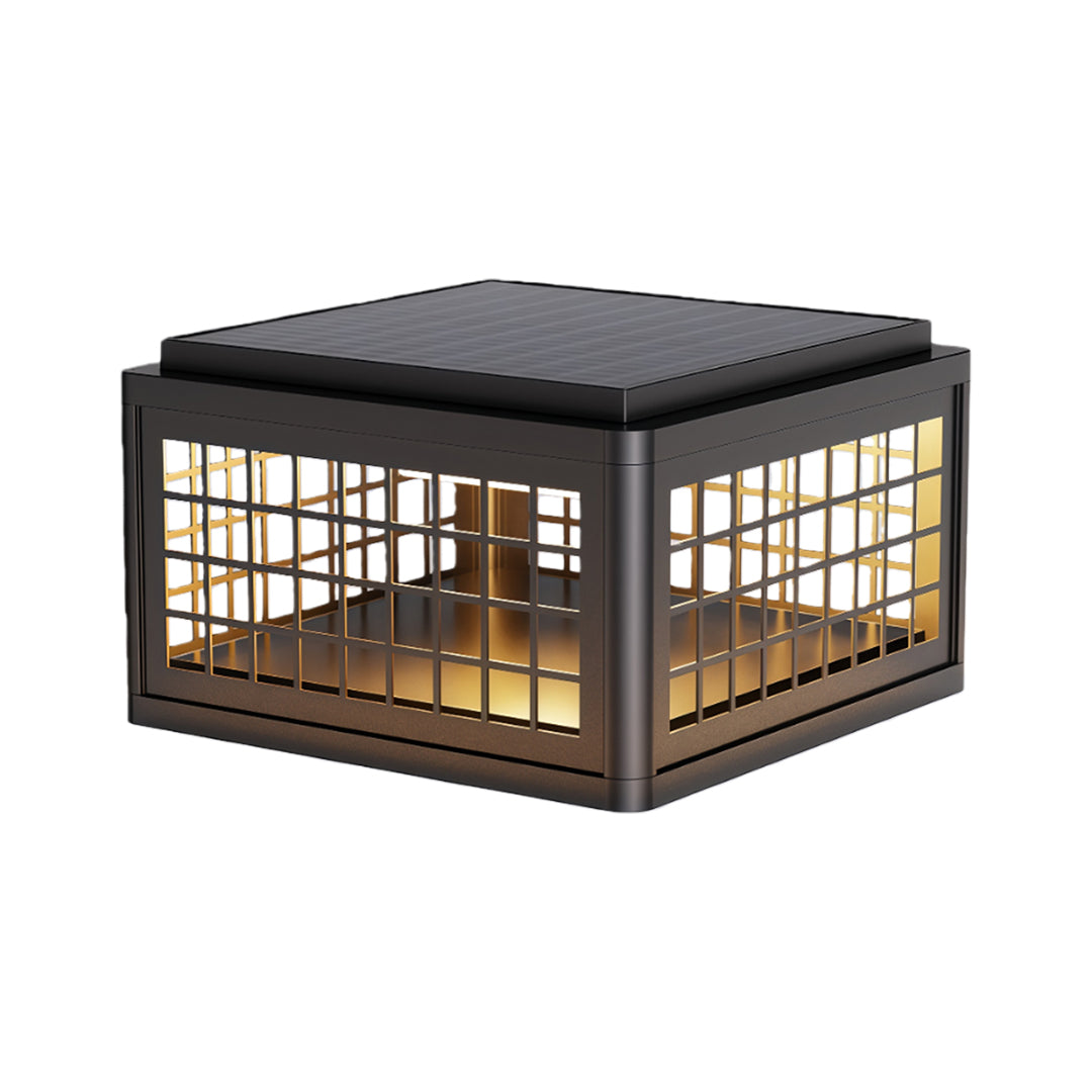 Modern outdoor LED pillar light with a sleek black square design and transparent frame, perfect for pathways and entrances.