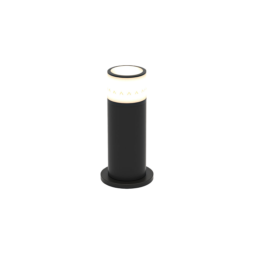 Modern outdoor path light with a sleek black cylindrical design and warm light, perfect for garden pathways.