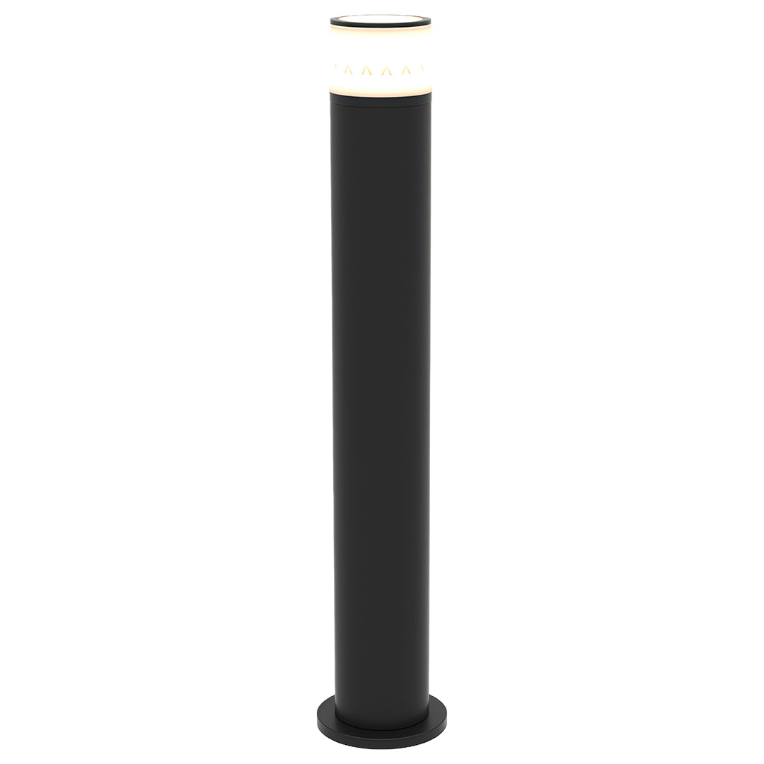 Modern outdoor path light with a tall black cylindrical design, ideal for landscape lighting.