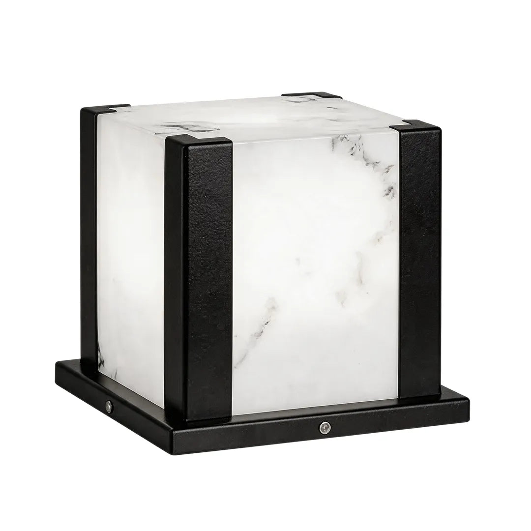 Modern outdoor pillar light with black metal frame and white marble effect panels