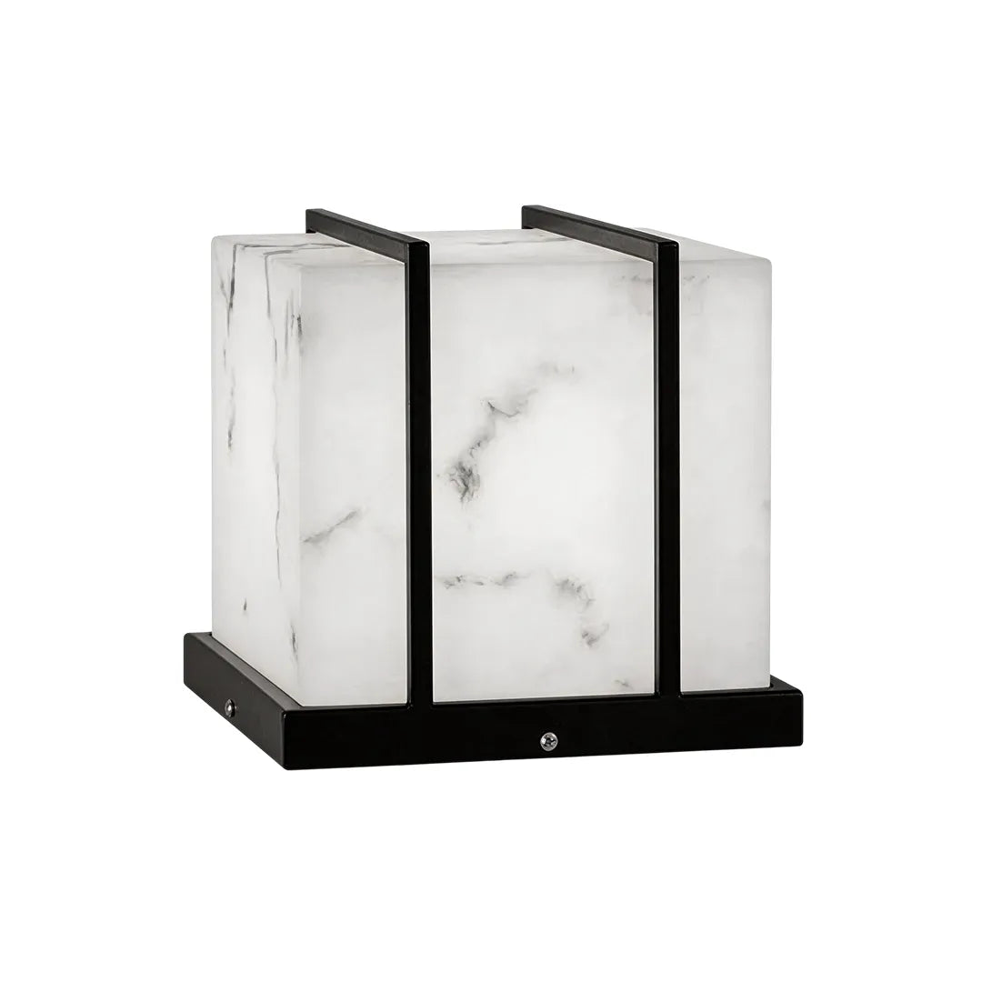 Modern outdoor pillar light with marble effect glass and cool white illumination