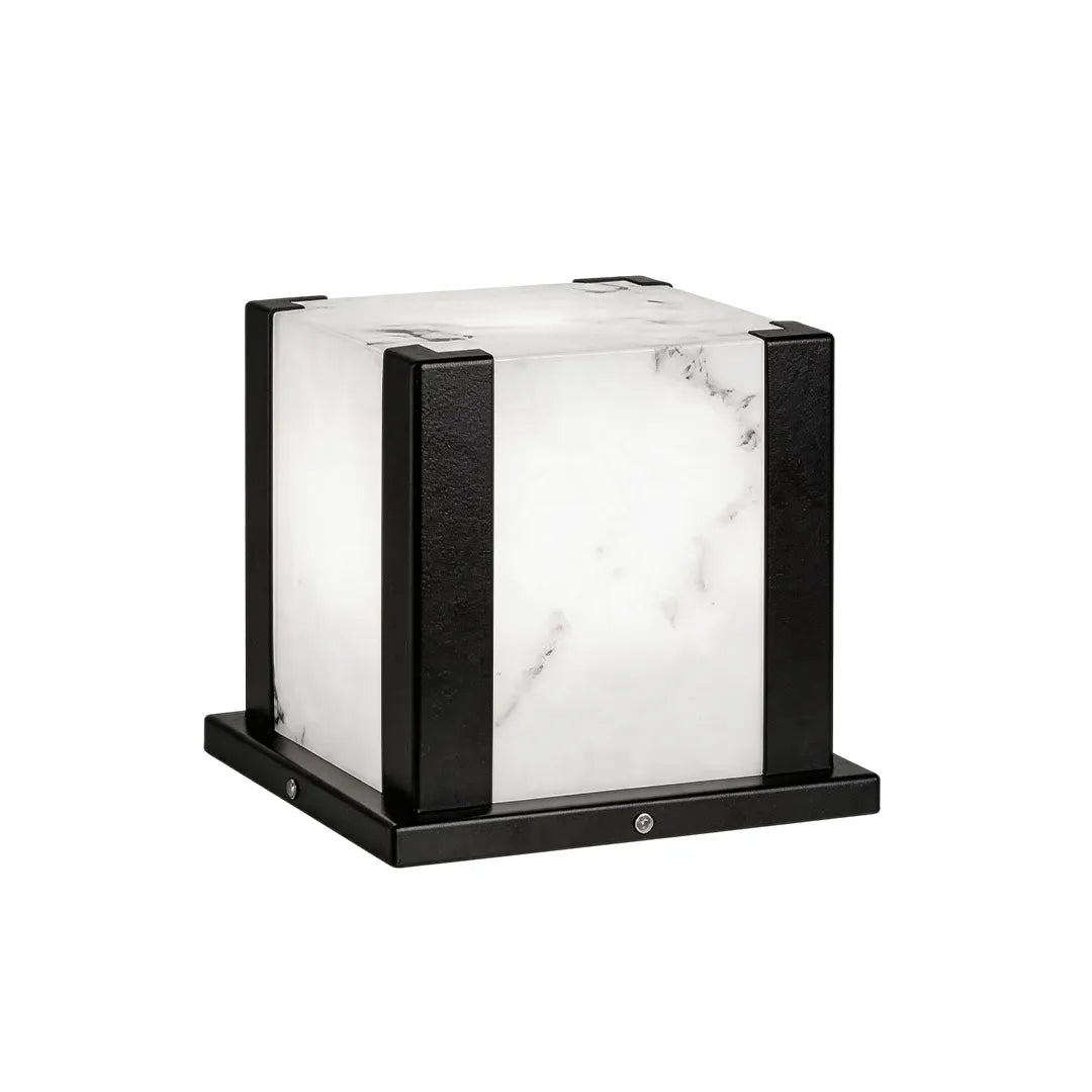 Modern outdoor pillar light with black metal frame and white marble effect shade