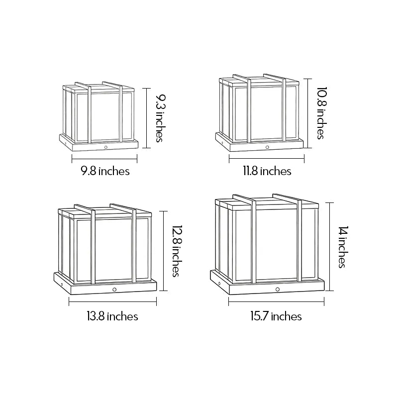 Modern outdoor pillar light size guide showing four available dimensions