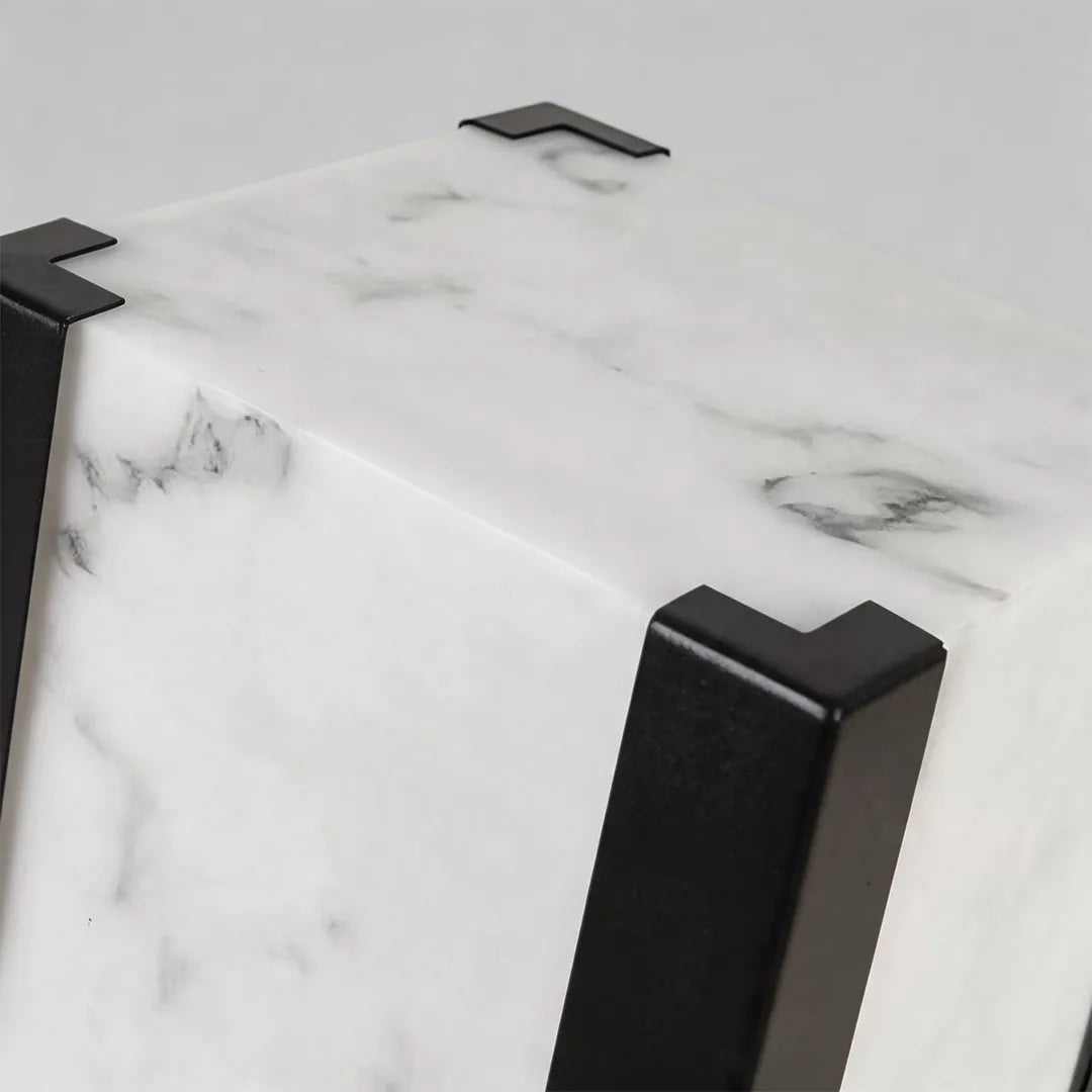 Modern outdoor pillar light with white marble effect shade and black metal corner detail
