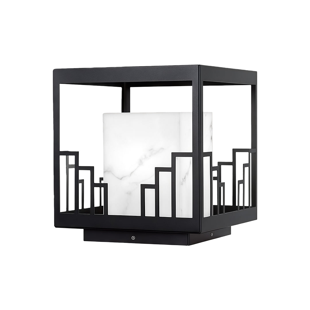 Modern outdoor pillar light featuring glass shade chandelier aesthetic in square form with architectural skyline cutout design.