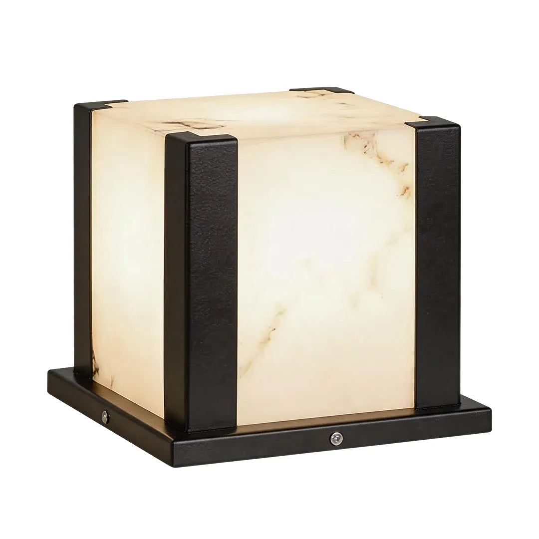 Modern outdoor pillar light with warm illumination and marble effect glass panels