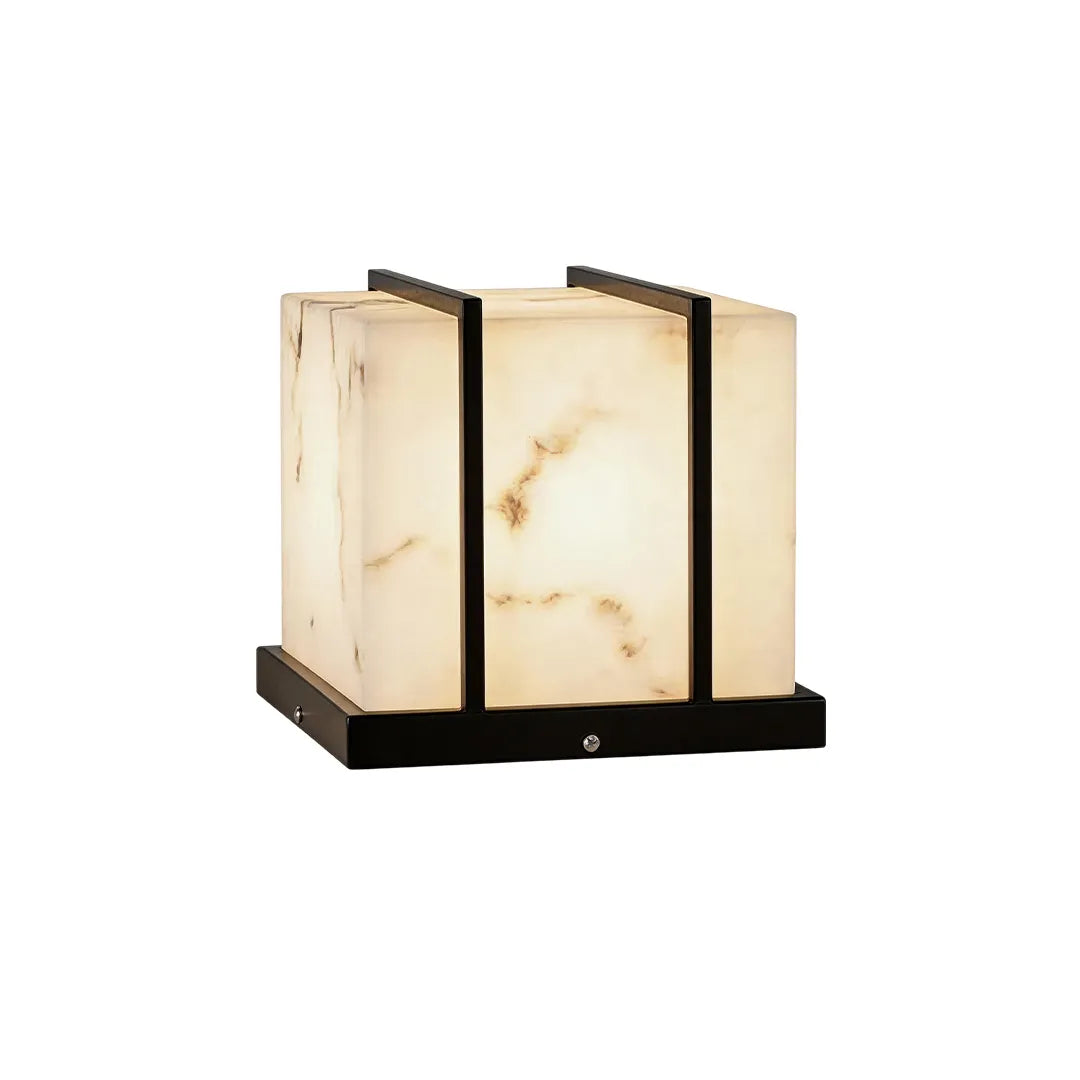 Modern outdoor pillar light with warm glow and marble effect glass panels