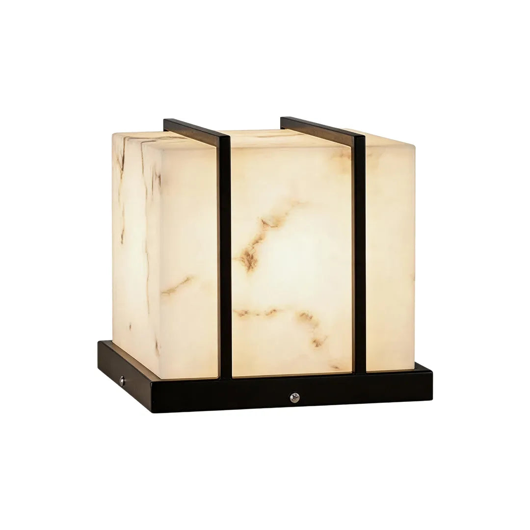 Modern outdoor pillar light with warm marble effect shade and black metal frame