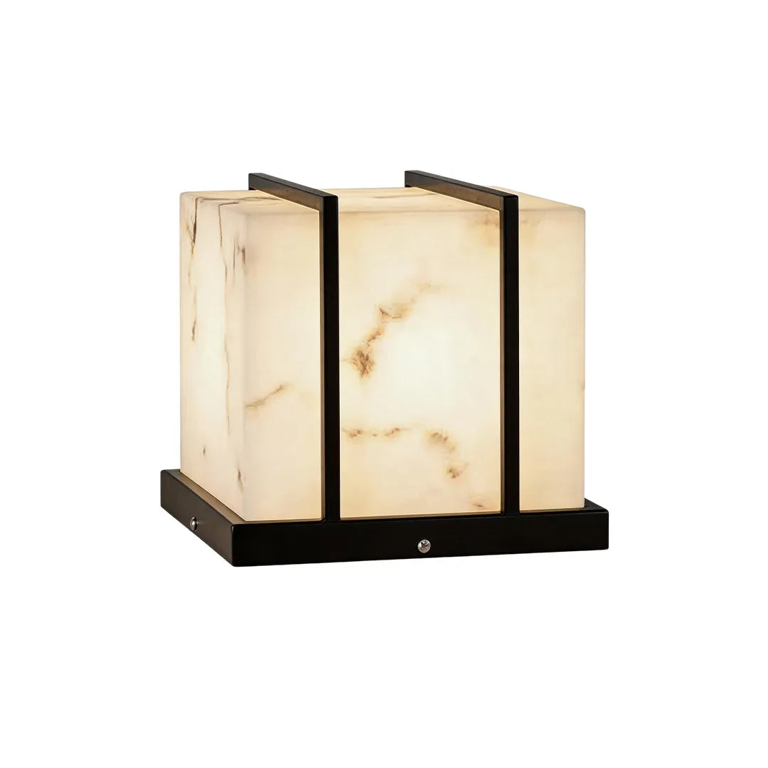 Modern outdoor pillar light with black metal frame and warm white illumination
