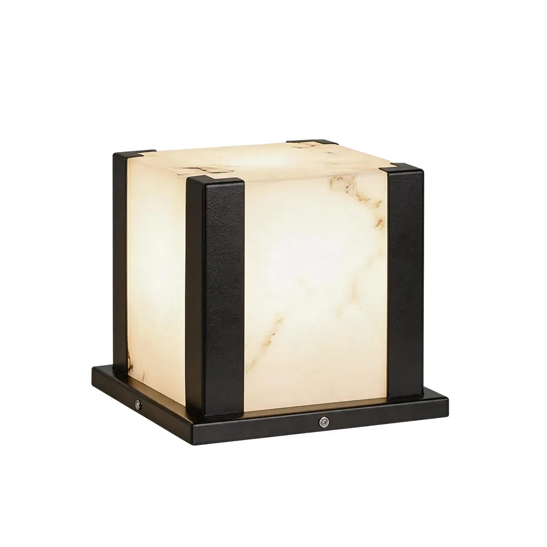 Modern outdoor pillar light with warm illumination and marble effect glass panels