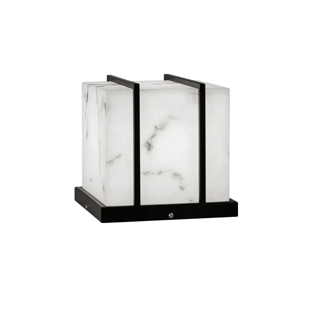 Modern outdoor pillar light with white marble effect shade and black metal frame