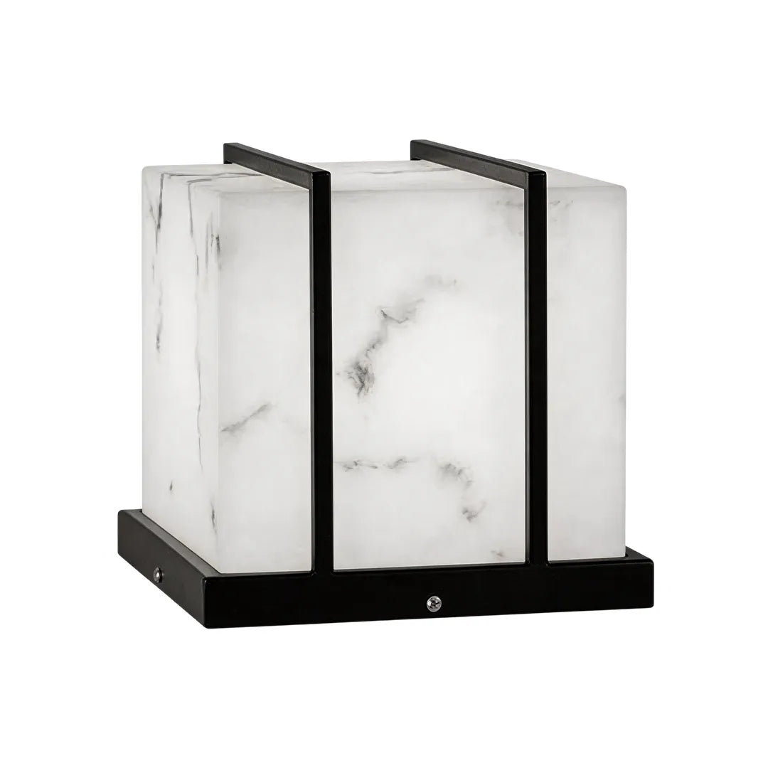 Modern outdoor pillar light with white marble effect shade and black metal frame