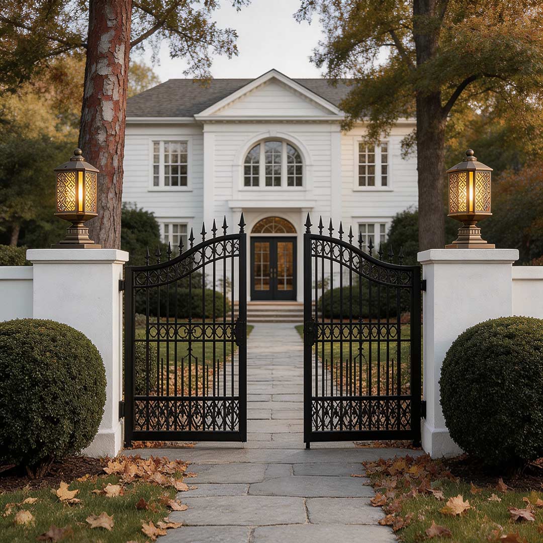 Modern outdoor pillar lights with a black finish, mounted on stone pillars at a gated entrance.