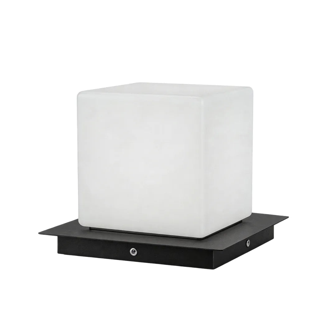 Modern outdoor pillar lights with a white cube shade on a black square base shown on a white background.