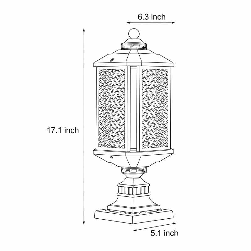 Technical diagram of modern outdoor pillar lights showing dimensions and installation details.