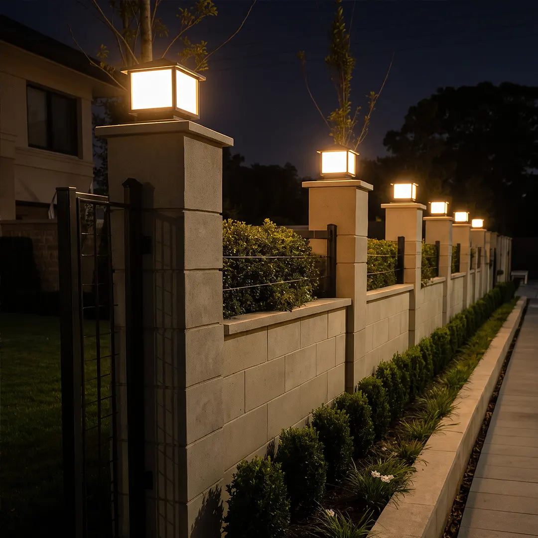 Modern outdoor pillar lights installed along a perimeter wall and gate pillars to illuminate a residential driveway at night.